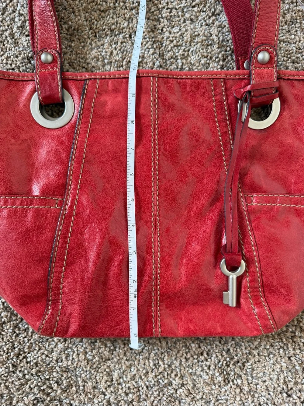 FOSSIL Red Leather Vintage Hobo Shoulder Tote Bag w Silver Key Accent